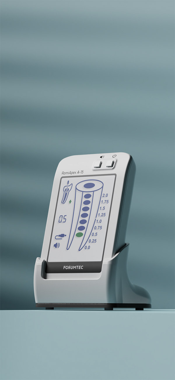 RomiApex A15 Apex Locator by Forumtec displayed on a sleek stand with a digital interface for precise root canal measurements.