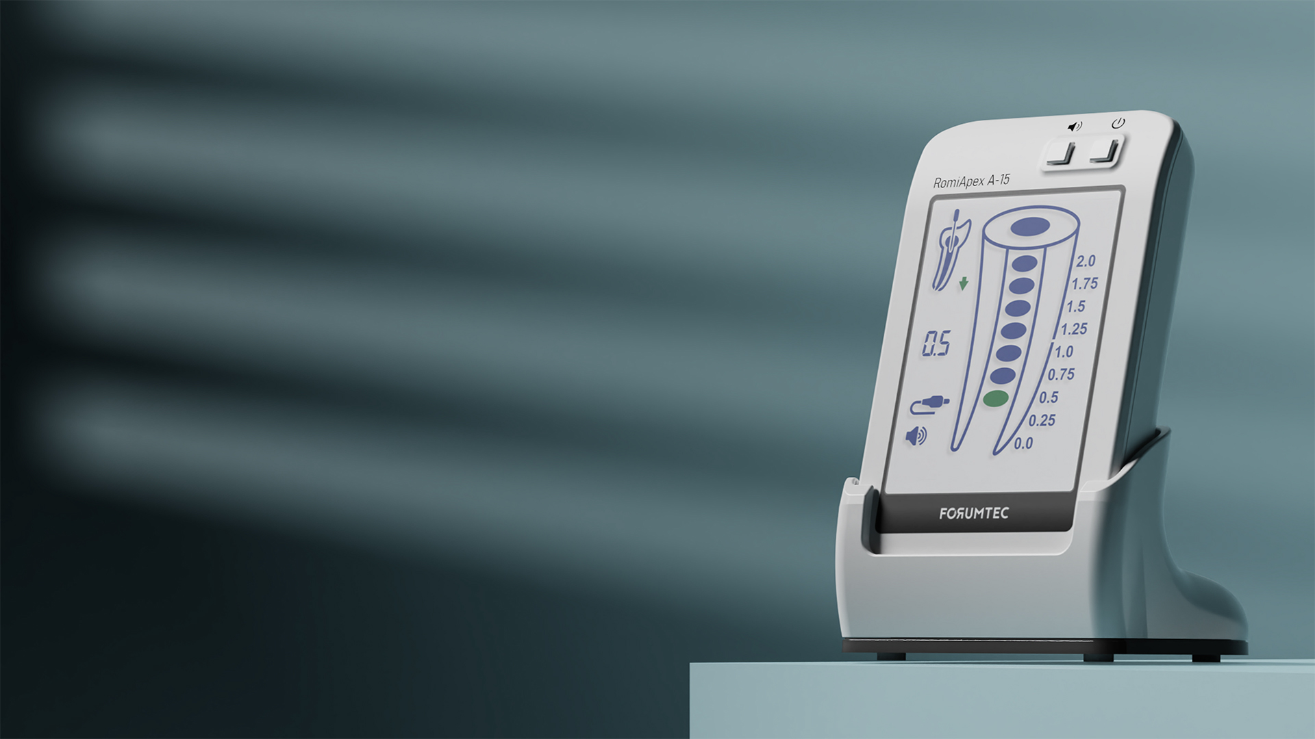 RomiApex A15 Apex Locator by Forumtec displayed on a sleek stand with a digital interface for precise root canal measurements.